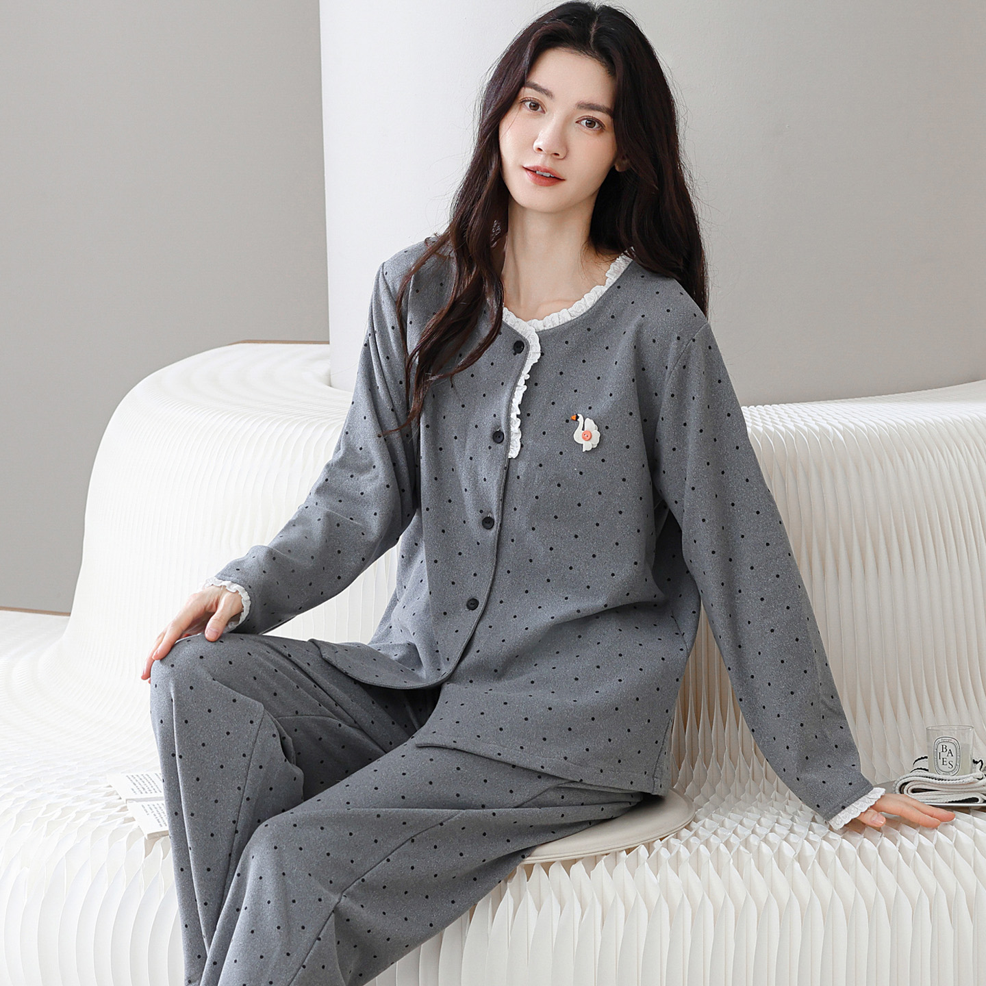 长袖睡衣套装开衫保暖女加绒运动