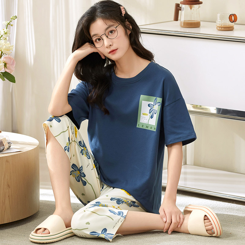夏季短袖睡衣套装女七分裤薄款家居服夏天大码可外穿运动卡通韩版