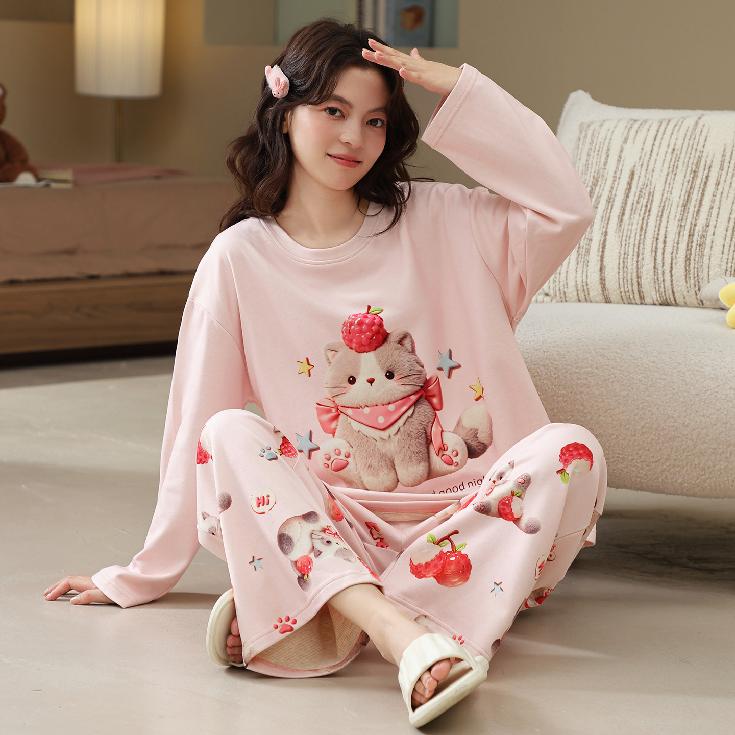 春秋冬季女款羊绒印花加绒家居服
