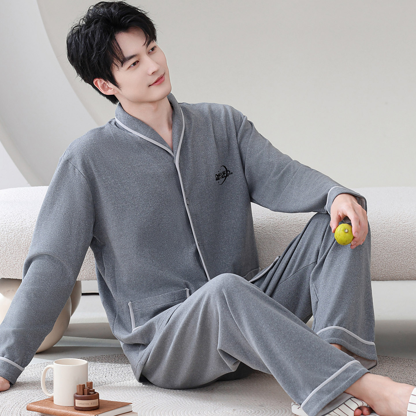 长袖睡衣套装开衫男羊毛蚕丝德绒