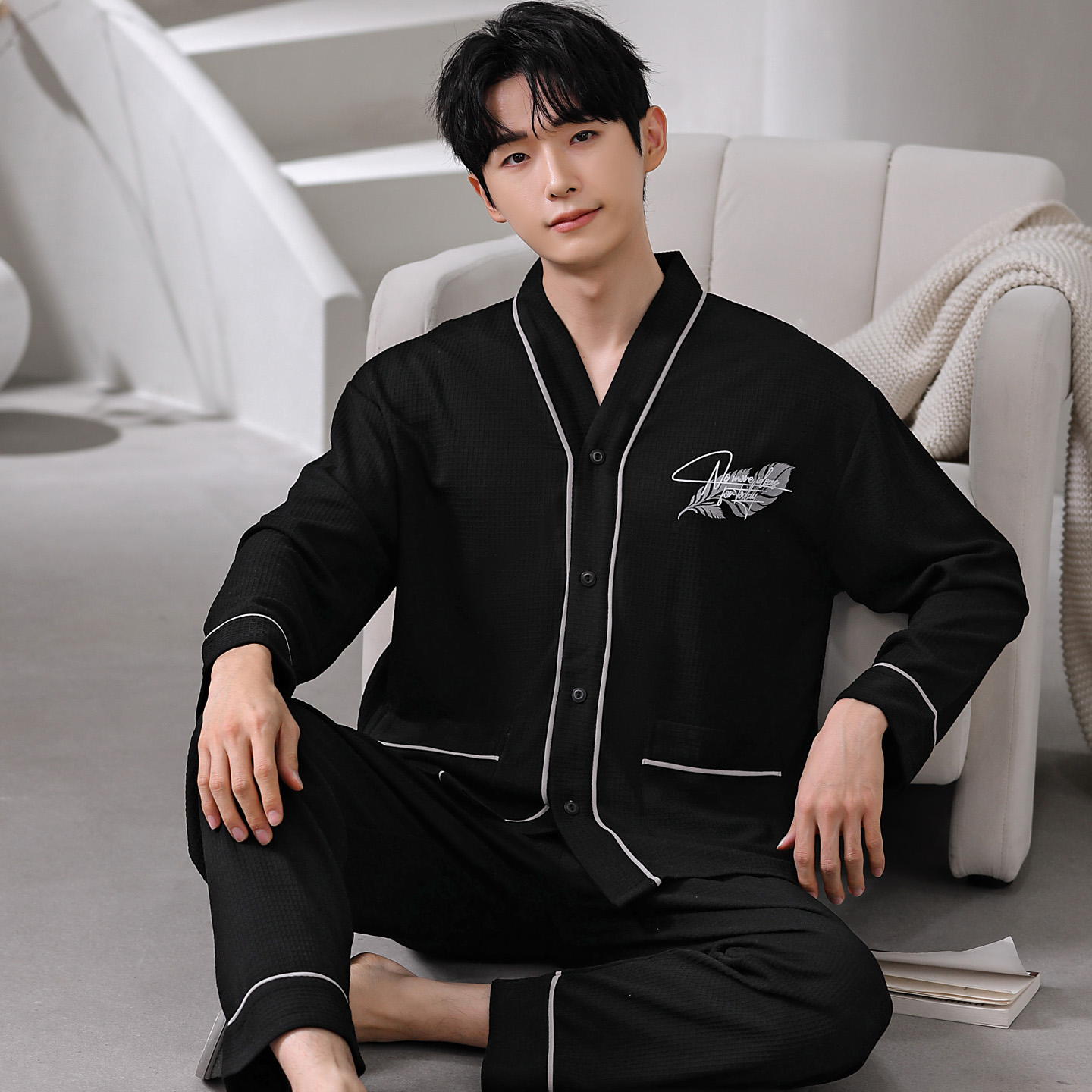 春秋季特大码男士长袖睡衣套装200斤家居服和服开衫可外穿冬运动