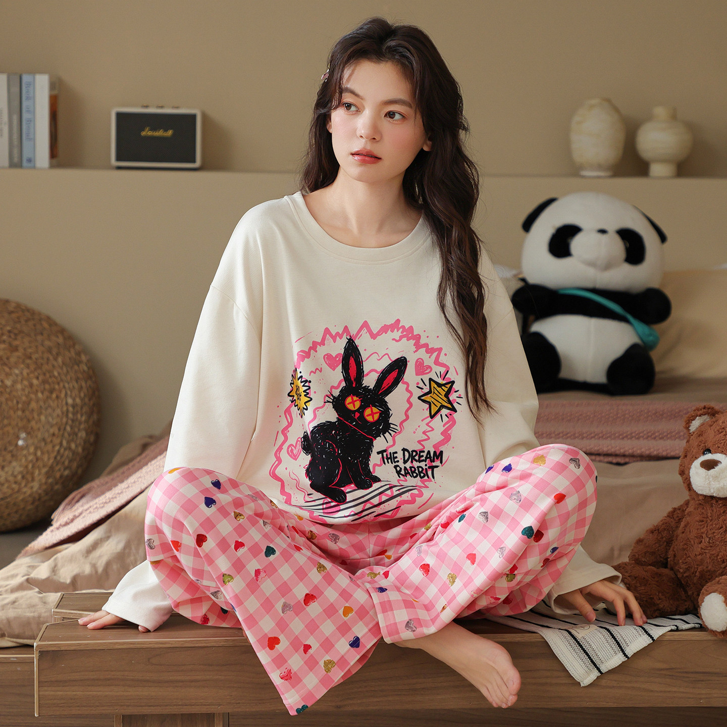 春秋冬季女款羊绒印花加绒家居服