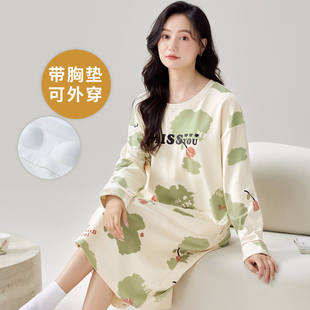 春秋季长袖睡裙中长款女家居服自带胸垫一体夏冬天可外穿韩版睡衣