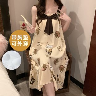 睡衣卡通可外穿 夏季 自带胸垫一体吊带睡裙女家居服中长款 无袖 韩版