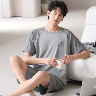 冰丝家居服薄款 夏季 字母男士 短袖 罗纹可外穿凉感青少年 睡衣套装