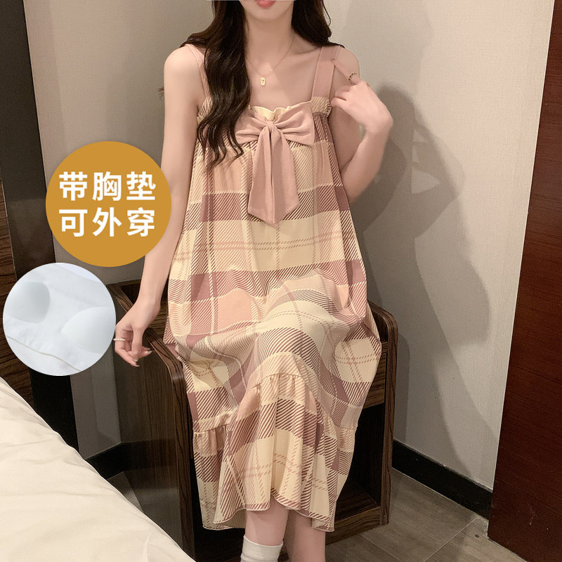 带胸垫睡衣女士夏季吊带睡裙中长