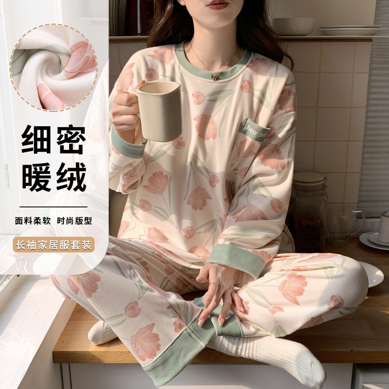 长袖睡衣套装德绒女保暖国风大码