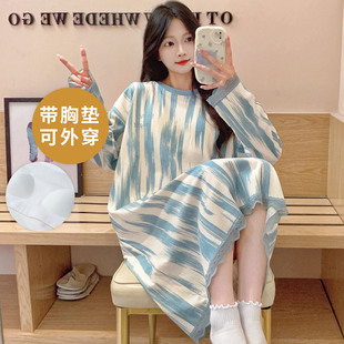 春秋季长袖自带胸垫一体睡裙夏冬天女家居服中长款可外穿卡通薄款