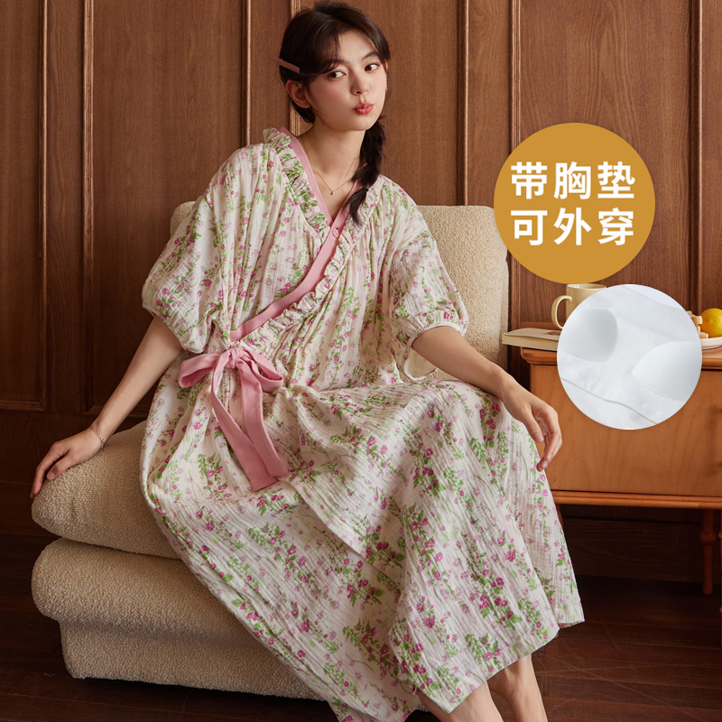 夏季和服开衫短袖睡袍日系家居服女睡裙自带胸垫浴袍可外穿云朵棉