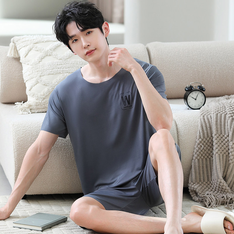 夏季无痕冰丝男睡衣套装加肥加大码短袖可外穿学生家居服休闲字母