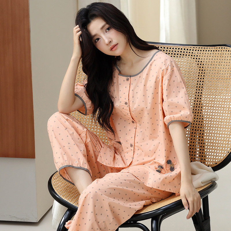 夏季七分袖睡衣套装女家居服云朵棉春秋天大码可外穿薄款开衫爱心