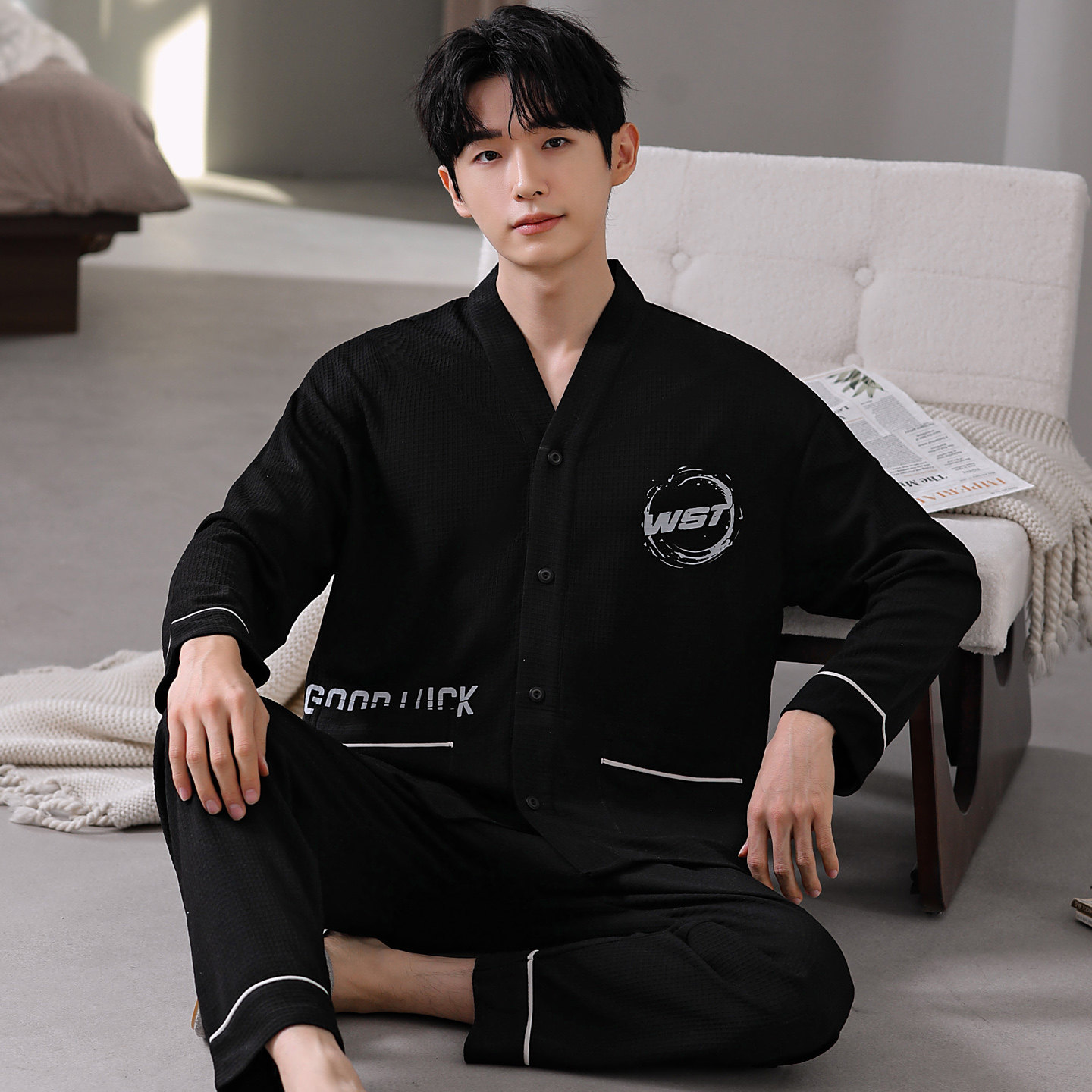 春秋季长袖睡衣套装男士特大码200斤家居服冬和服开衫可外穿运动