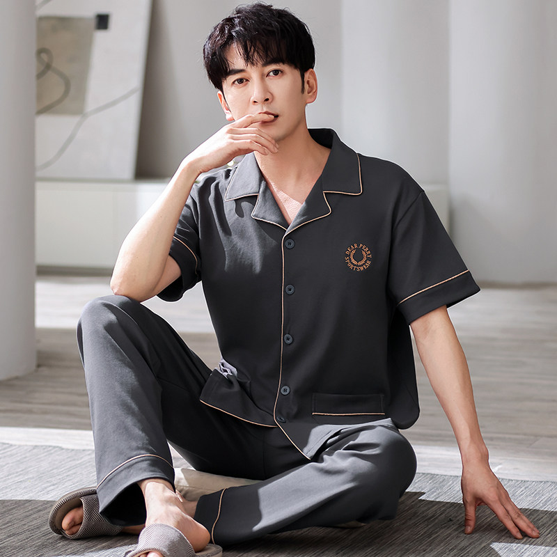 夏季男士短袖长裤开衫睡衣家居服