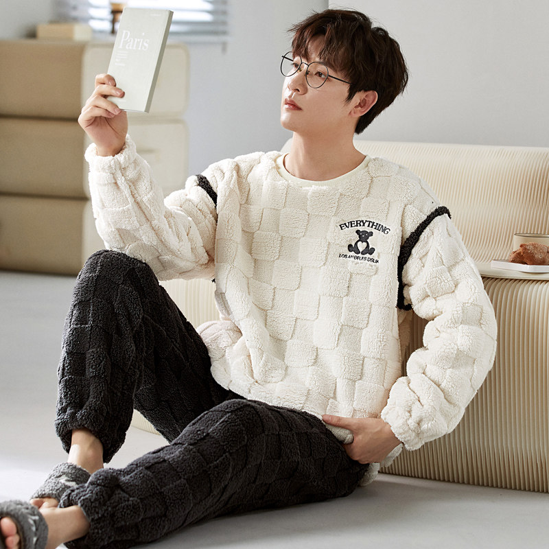 秋冬季法兰绒男士睡衣套装保暖家居服春天珊瑚绒可外穿青少年韩版,女士内衣/男士内衣/家居服,睡衣/家居服套装,淘宝优惠券,粉丝福利购,淘宝优惠卷