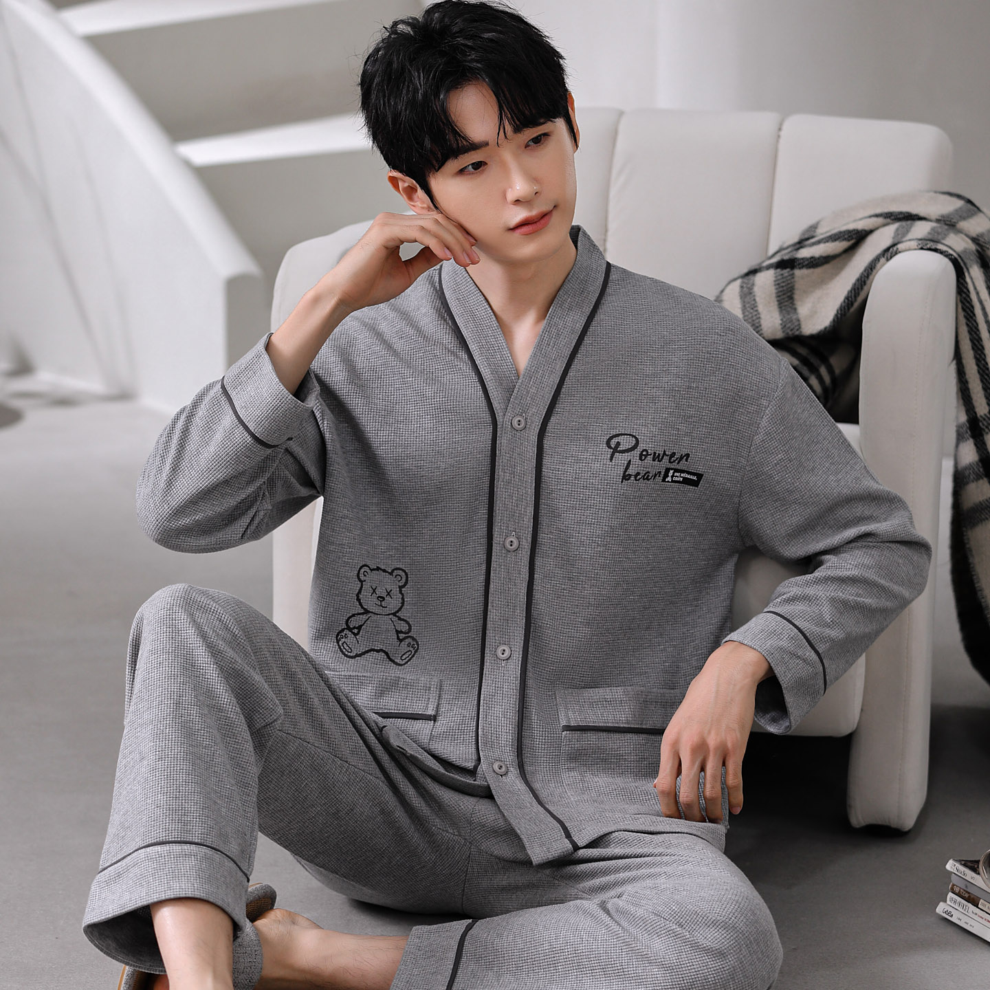 春秋季特大码长袖睡衣套装200斤男士家居服冬和服开衫青少年运动