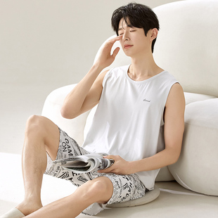 男士莫代尔冰丝无袖夏季睡衣套装加肥加大码背心无袖薄款家居服
