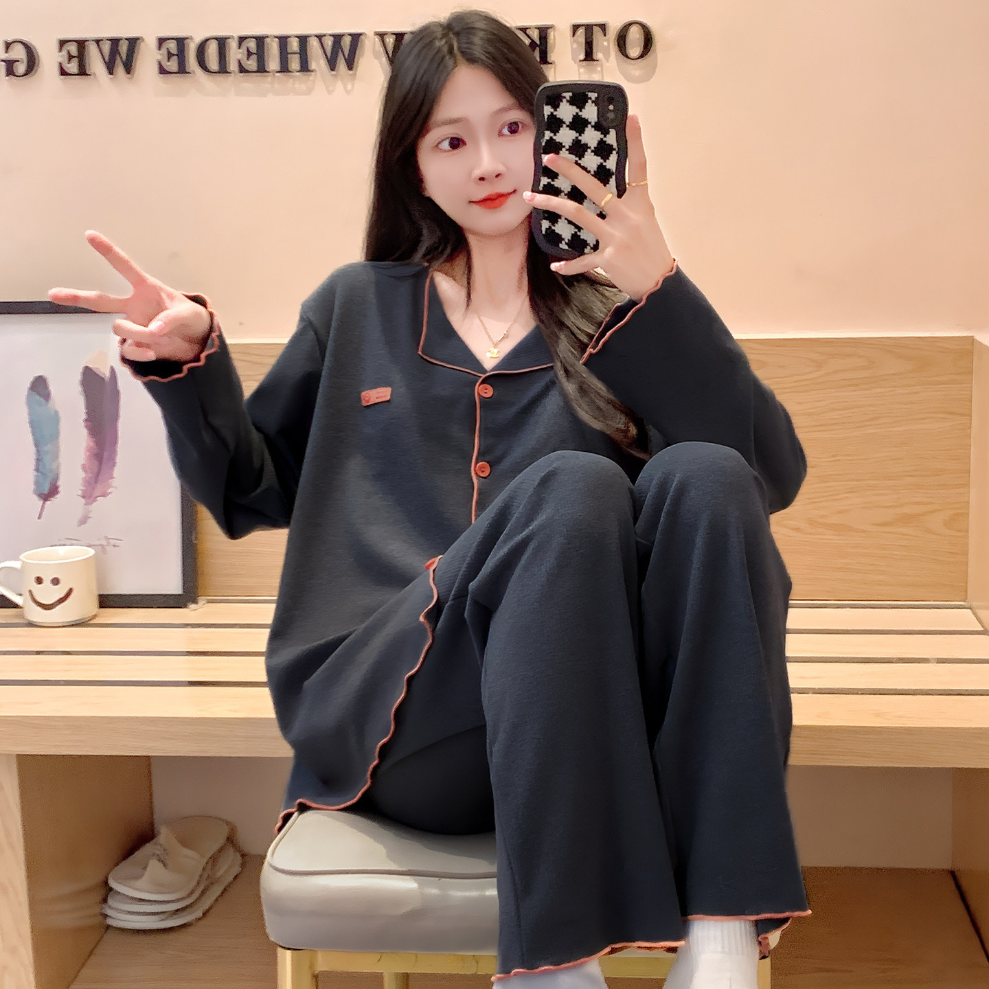 春秋冬季女士德绒加绒长袖家居服