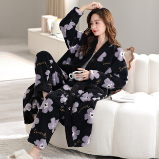 睡衣女秋冬季珊瑚绒长款睡袍加厚加绒韩版浴袍法兰绒套装春家居服