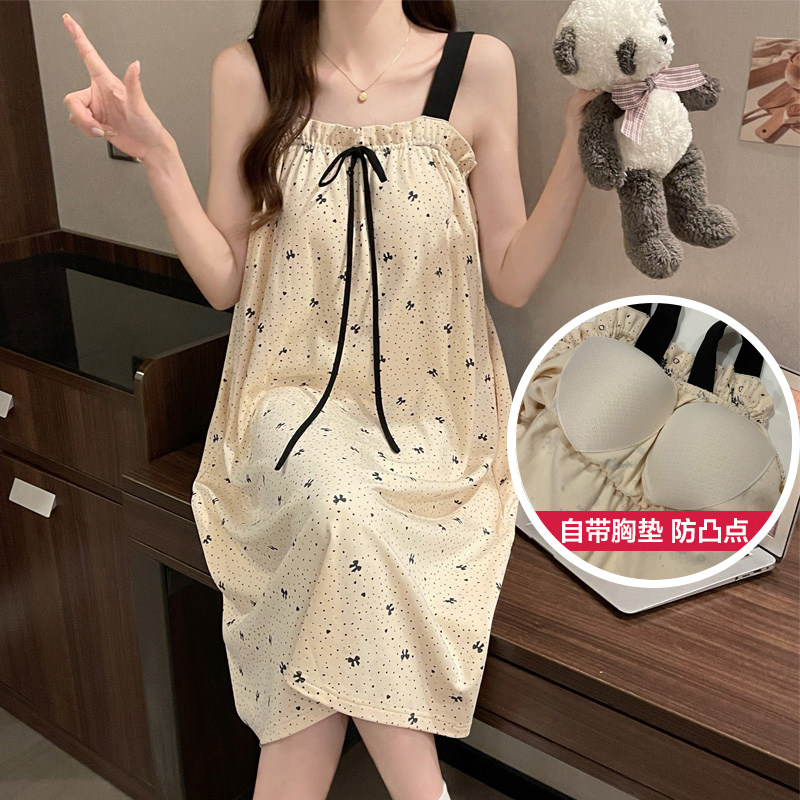 夏季女士自带胸垫一体睡衣睡裙吊带家居服无袖可外穿夏天中款简约