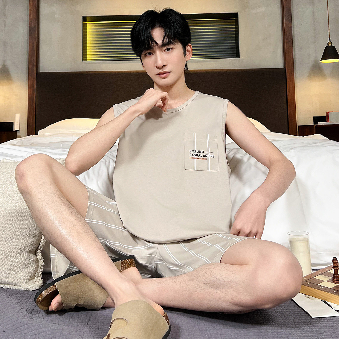 100%纯棉男士夏季背心短裤家居服