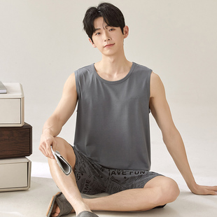 夏季男士无袖莫代尔冰丝睡衣套装加肥加大码背心青少年家居服休闲