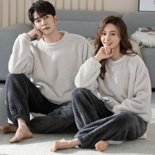 法兰绒男士 春款 家居服 珊瑚绒情侣睡衣保暖女士加厚加绒套装 秋冬季