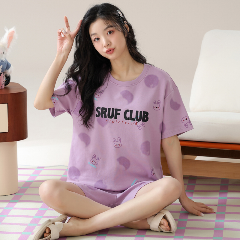 女士短袖睡衣套装夏季棉家居服夏天大码可外穿休闲春秋可爱薄款
