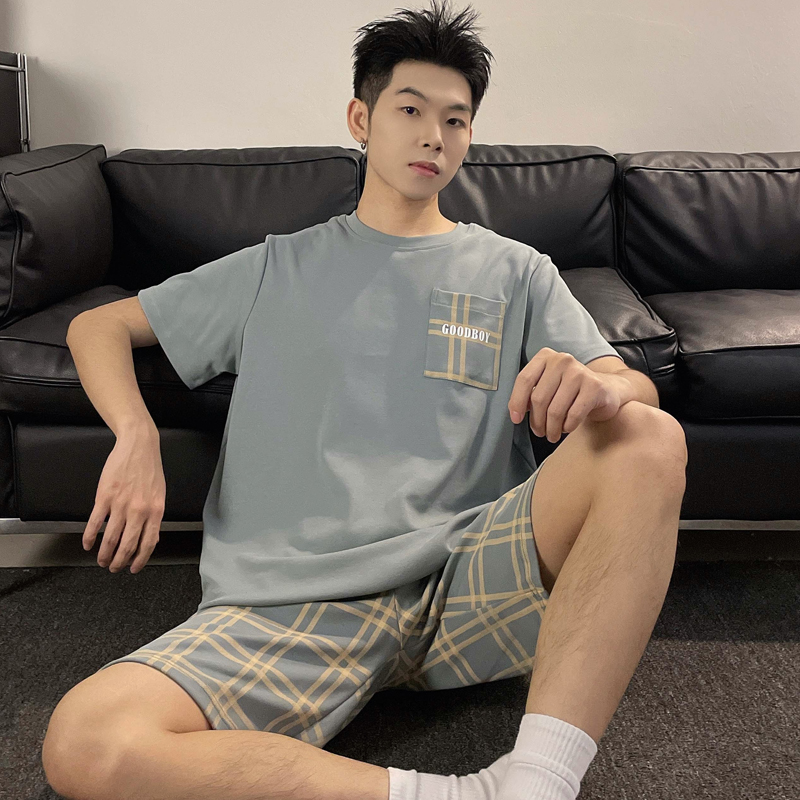 夏季短袖睡衣套装男士家居服夏天大码可外穿韩版格子运动青少年