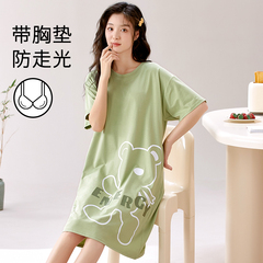 夏季短袖睡裙女自带胸垫一体薄款春秋中长款家居服大码韩版可外穿