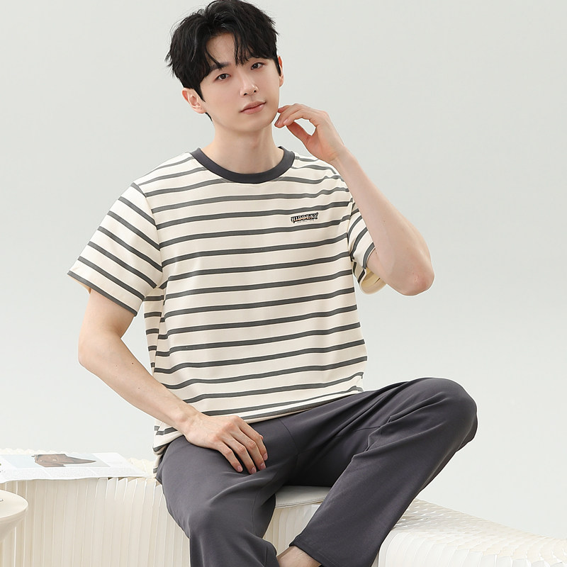 夏季短袖睡衣套装长裤大码家居服男士薄款夏天运动条纹可外穿韩版