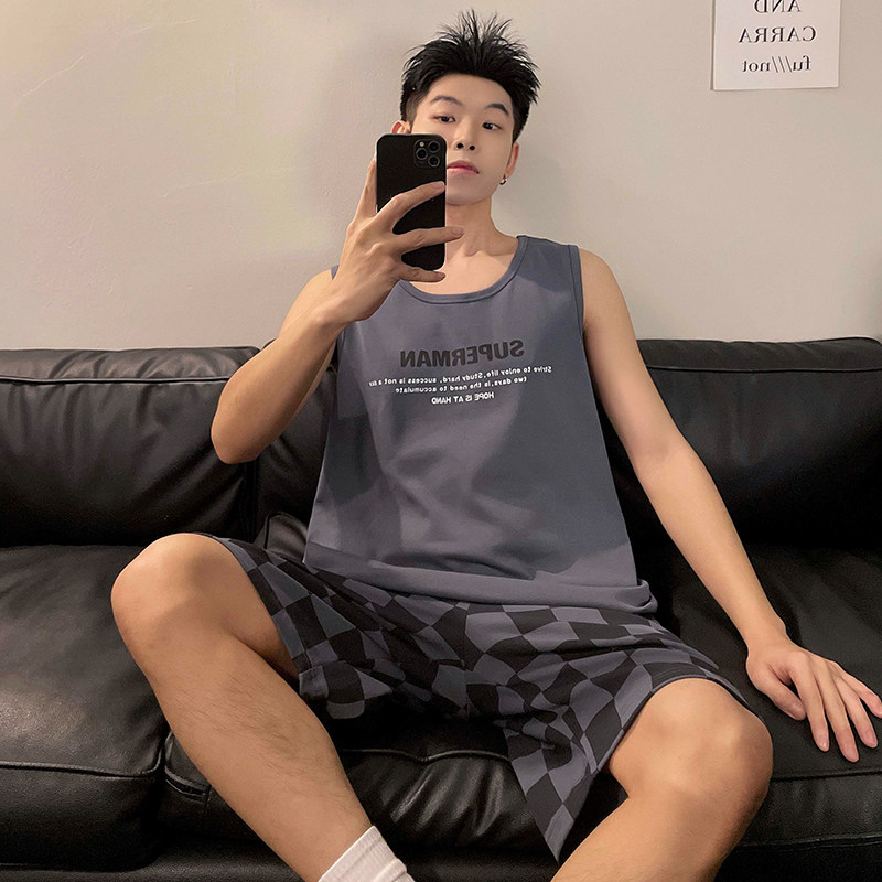 夏季男士无袖背心睡衣套装家居服吊带休闲运动韩版格子可外穿薄款