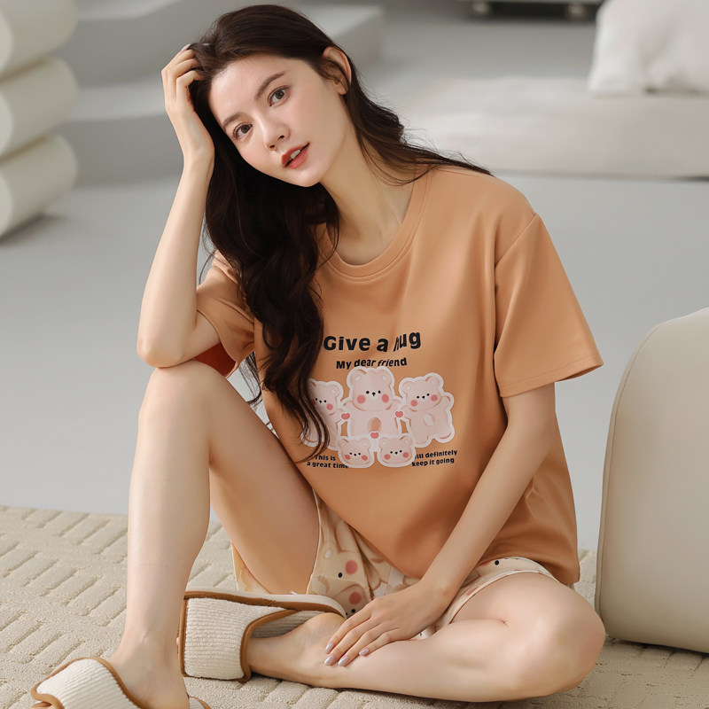 时尚夏天薄款100%纯棉睡衣套装女士夏季全棉短袖学生家居服可外穿