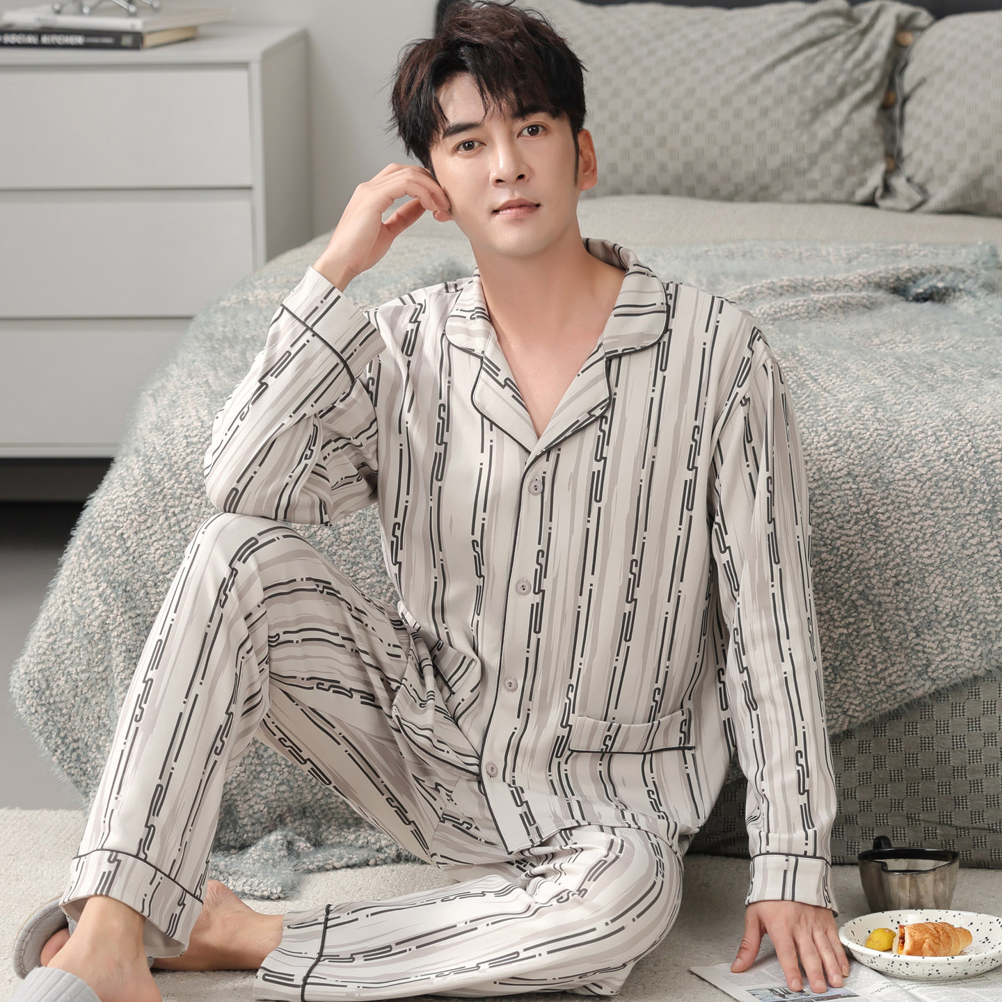 春秋季大码开衫长袖睡衣套装男士夏冬天家居服薄款运动可外穿韩版