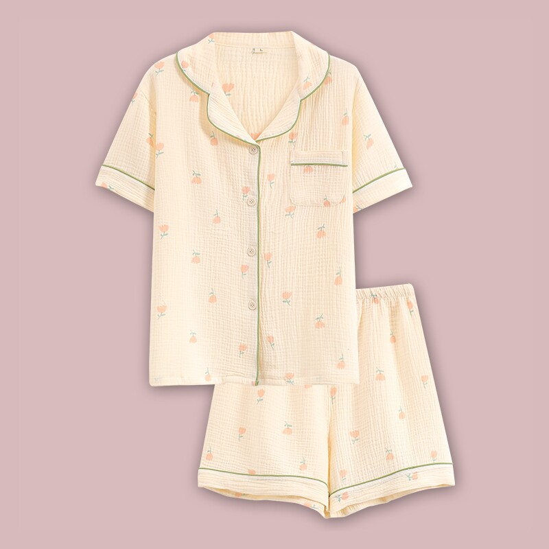 女棉麻可爱休闲短袖开衫家居服