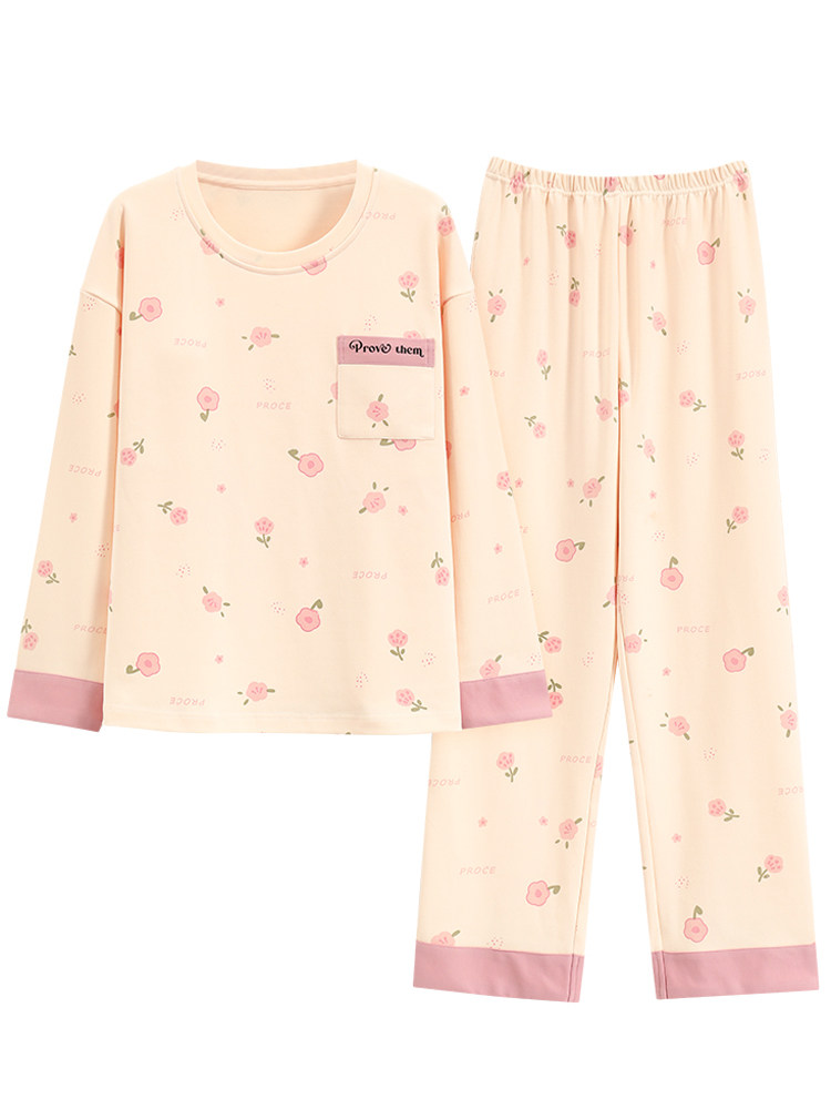 PAJAMAS WOMENS SPRING AND AUTUMN COTTON PLUS SIZE STUDENTS BRING THEIR OWN CHEST PADS INTEGRATED LONG-SLEEVED SUITS KOREAN SUMMER AND WINTER STYLE HOME CLOTHES