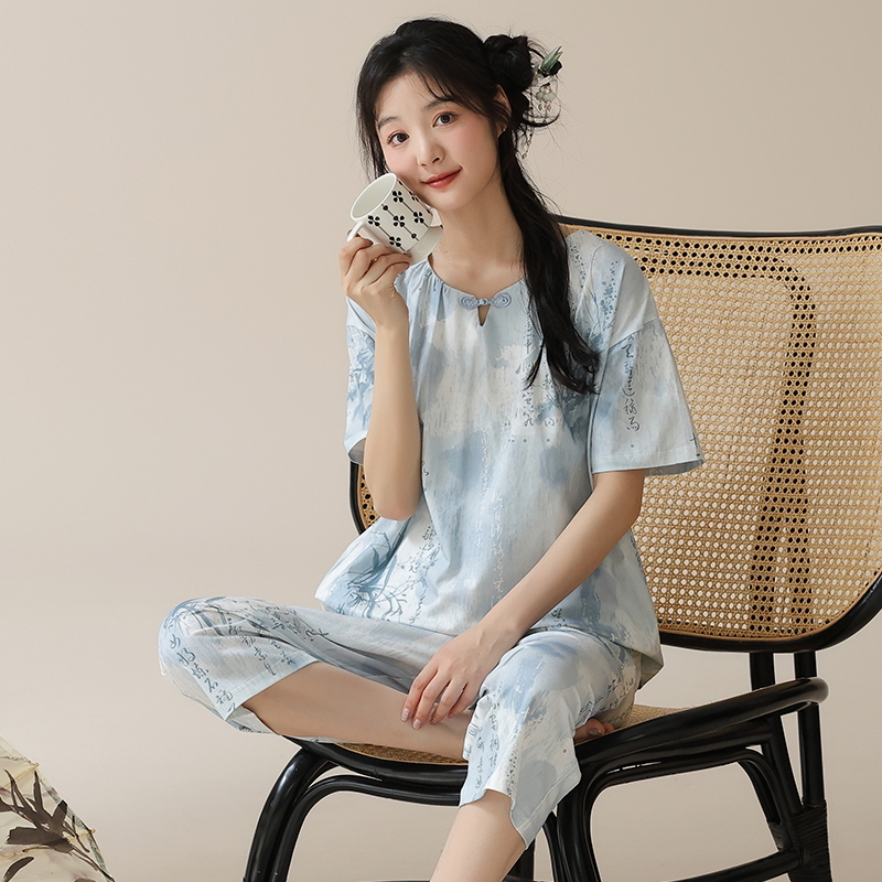 夏季新中式国风短袖睡衣套装女士棉家居服七分裤夏天薄款可外穿
