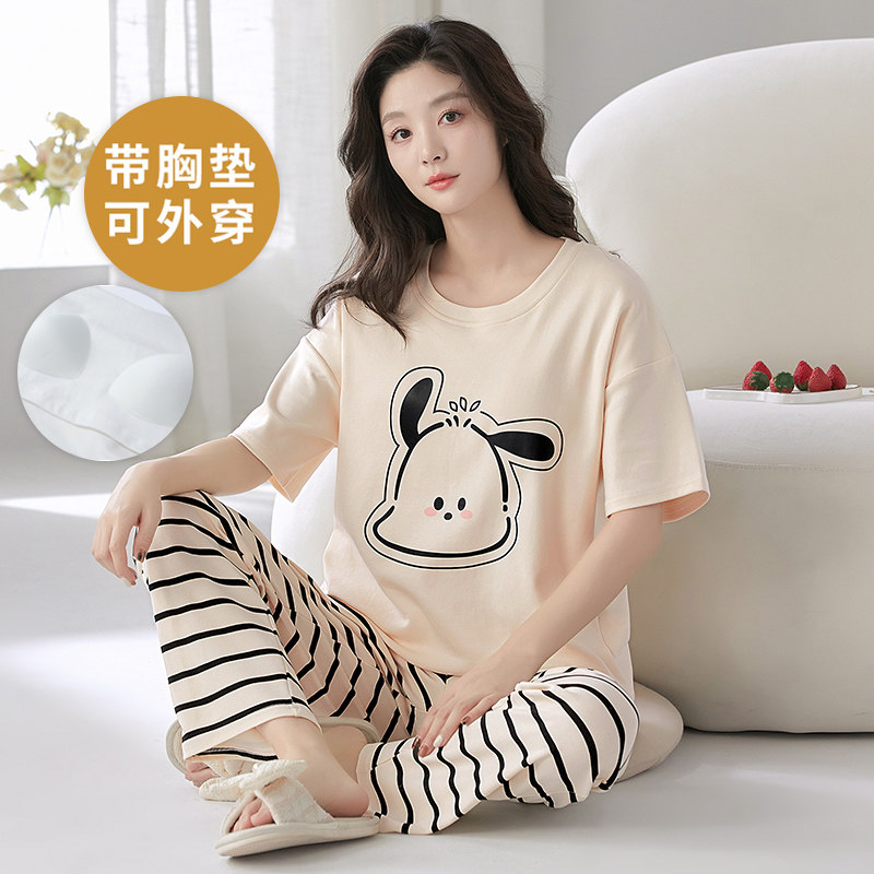 夏季短袖睡衣套装女士棉自带胸垫一体长裤家居服大码可外穿卡通