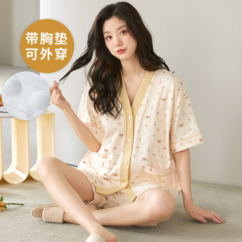 自带胸垫睡衣女夏季短袖开衫和服