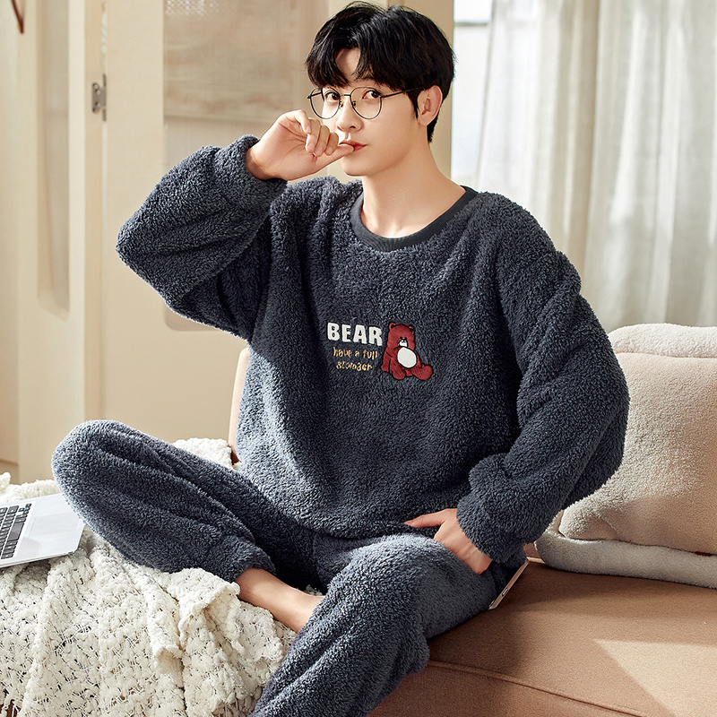 男士保暖睡衣套装珊瑚绒春天韩版