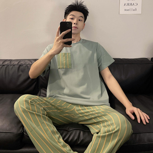 夏季男士短袖睡衣套装大码家居服夏天韩版条纹可外穿运动青少年
