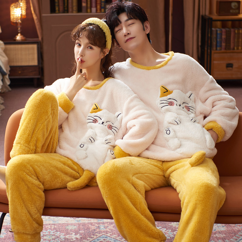 秋冬季珊瑚绒情侣睡衣女士韩版卡通法兰绒加厚套装春秋男款家居服