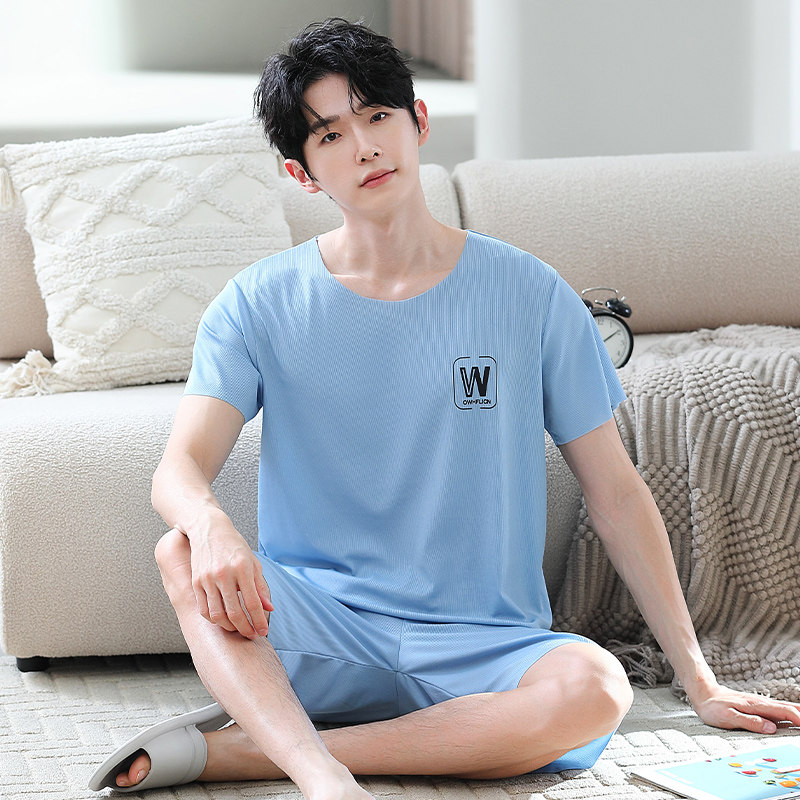夏季男学冰丝生睡衣套装无痕短袖可外穿加肥加大码家居服字母韩版