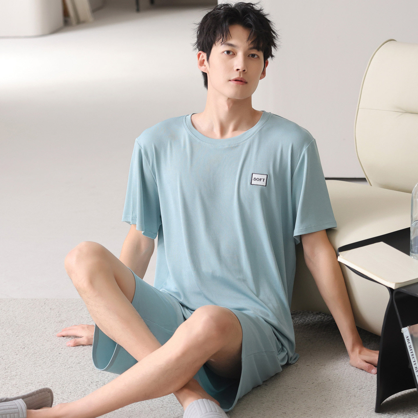 夏季男士冰丝螺纹短袖短裤家居服