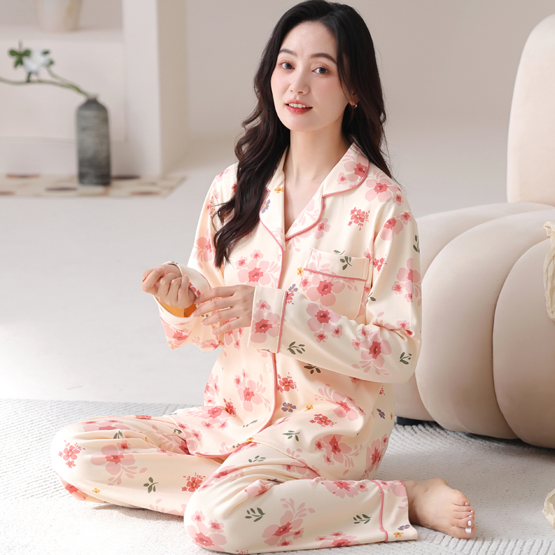 长袖开衫睡衣套装女夏冬天家居服