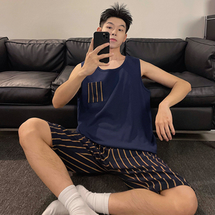 无袖 夏季 男士 背心睡衣两件套装 吊带夏天家居服 纯棉薄款 加肥加大码