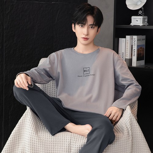 春秋季大码长袖睡衣套装夏冬天男