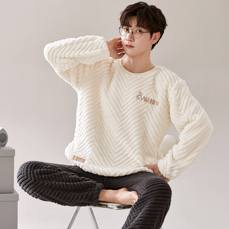 秋冬季法兰绒男士长袖睡衣套装珊瑚绒家居服春天运动保暖加绒加厚