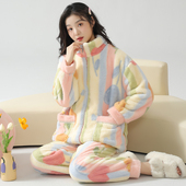 保暖加厚加绒可爱法兰绒拉链套装 睡衣女款 秋冬季 珊瑚绒冬天家居服
