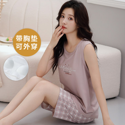 格子卡通家居服自带胸垫无袖夏季女睡衣套装胖MM200斤大码背心
