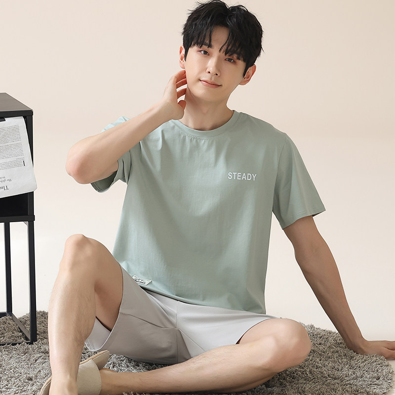 韩版冰丝短袖男士可外穿夏天夏季睡衣套装莫代尔家居服加肥加大码